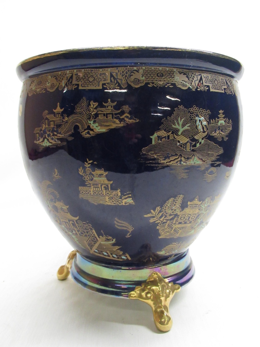 W & R Carlton Ware navy blue ground chinoiserie decorated Kang Hsi jardinière on matching stand