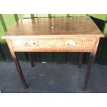 C19th mahogany single drawer side table with later brass handles on square chamfered supports, W78cm