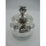 Bier.Sterling white metal honey pot with glass liner adorned with four honey bees stamped Made in