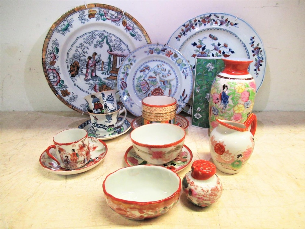 Collection of oriental hand painted teacups, saucers, vases, and plates including Chinese pattern