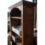 Waxed pine open shelf unit, dentil cornice and three shelves with raised panel sides on plinth