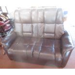 Two seat brown faux leather sofa and Stressless style lightwood framed footstool (2)
