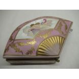 C20th Sitzendorf porcelain fan shaped dressing table box with hinged lid, hand painted panel,