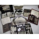 Collection of various boxed silver plated cutlery sets, a white metal salver