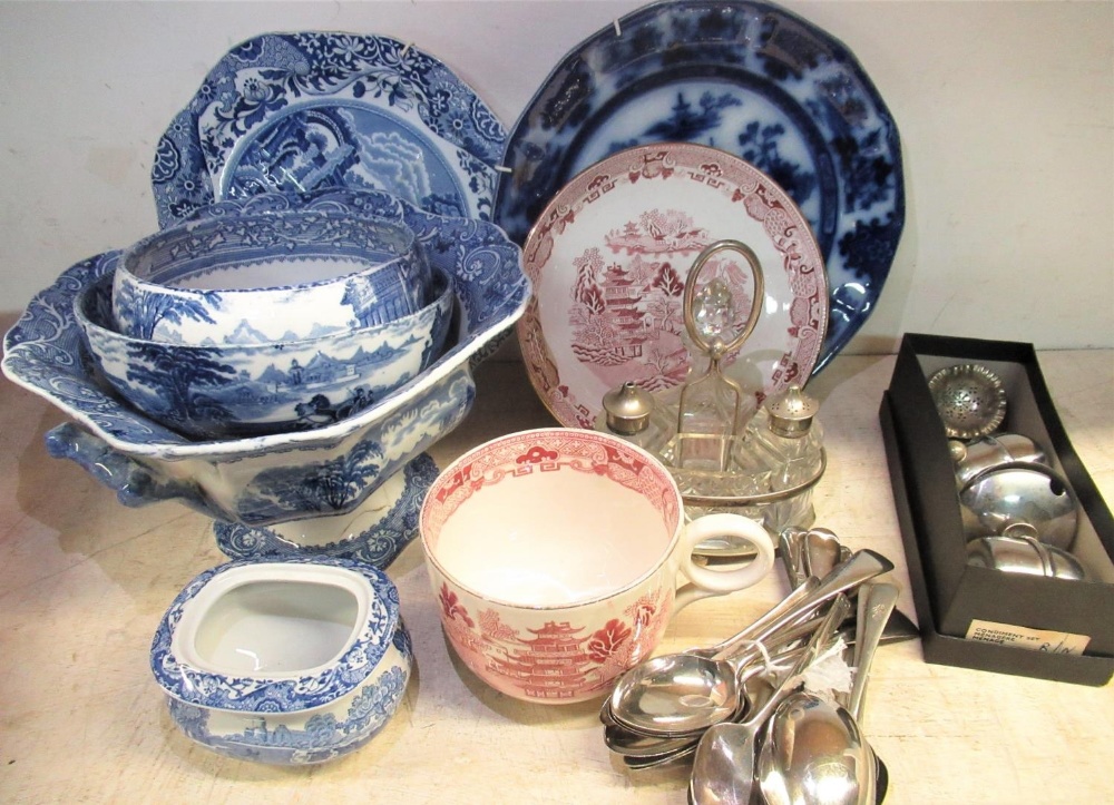 Collection of blue and white plates, bowls including W.Adams & Sons Tonquin Ironstone, Copeland