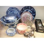 Collection of blue and white plates, bowls including W.Adams & Sons Tonquin Ironstone, Copeland