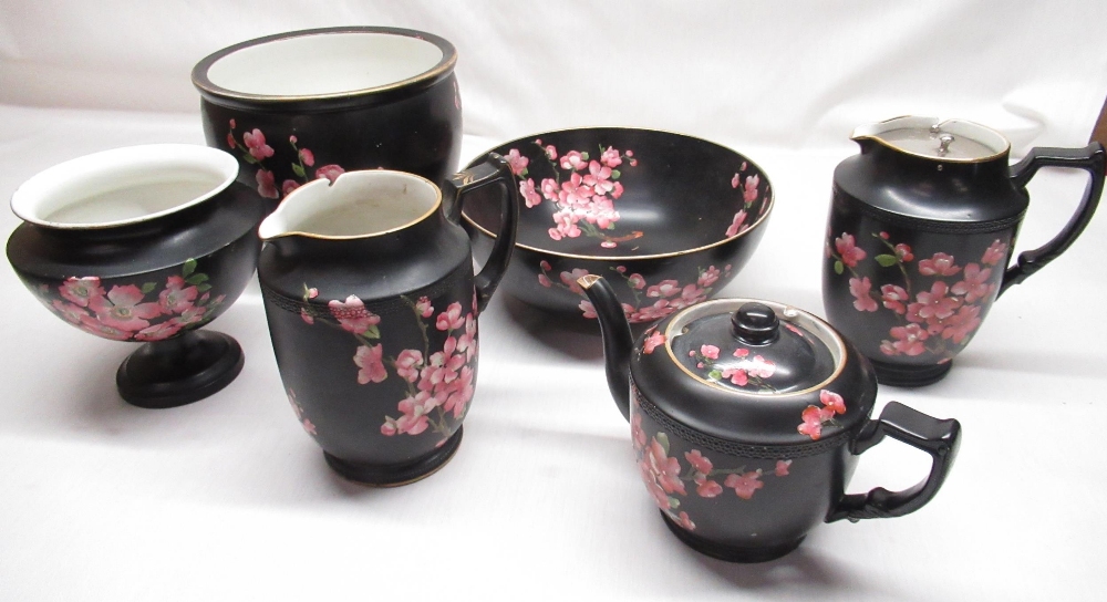 W & R Carlton Ware jardinière, matte black ground decorated with pink apple blossom, Rd. No. 654181,