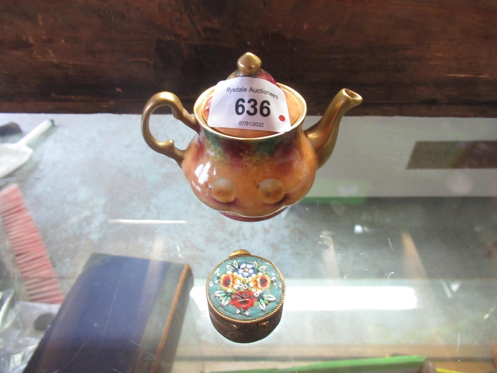 Miniature porcelain teapot painted with fruit by ex-Royal Worcester artist Terence Nutt H8cm, and