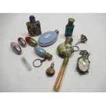 Murano style glass scent bottle with iridescent highlights, gilt metal mount set with blue faceted