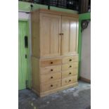 Victorian waxed pine house keepers type cupboard with two upper panelled cupboard doors enclosing