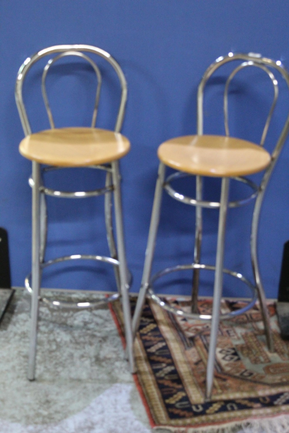 Pair of chrome and beech modern bar stools