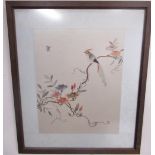 Japanese School (C20th); Coloured silk work study of an exotic bird on a flowering branch, 33cm x
