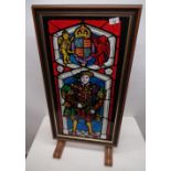 Reverse painted glass panel framed screen, decorated in stained glass style with Hen. VIII Tudor