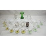 Four Victorian milk glass bowls, six saucers, ten cocktail glasses, green glass flower vase, etc.