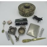 Jewellery box with decorative crab to top, two tea strainers, cigarette case, folding opera