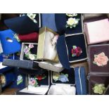 Collection of porcelain floral bouquet brooches and trinkets by Royal Doulton, Aynsley, Adderley etc