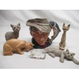 Royal Doulton character jug 'The Poacher' D6249, two Quarry Critters cat figurines, two other cat