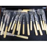 Late C19th Roberts and Belk EPNS fish knives and forks for ten covers, with bone handles and