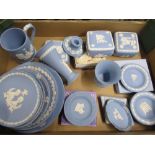 Collection of late C20th Wedgwood blue Jasperware to include commemorative plates, trinket boxes,