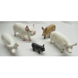 Beswick pig figurines including Tamworth Sow, middle white boar, Ch. Wall Queen (x2) and a piglet (