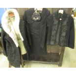 Cavotte dress with purse, black top by East, size 12, coat by Derbers of Eloff Street