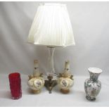 Glass and brass table lamp with three feet and shade, two Crown Devon flower vases, oriental vase,