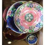 Maling lustre ware collection including large pedestal fruit bowl, W35cm, three salad bowls and