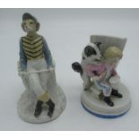 Ceramic figure of a greyhound dressed as a jockey and a figure of a child and dog (2)