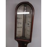 Victorian flame veneered mahogany stick barometer, bevelled edge and arched glass top with