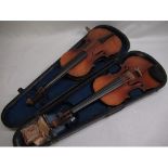 Late C19th/early C20th cased violin with two piece back and ebonised chin piece, back L33cm, overall