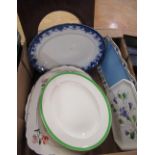 Square wood toilet seat, blue and white meat plate, other meat and serving plates