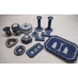 Late C19th Wedgwood jasperware seven piece dressing table set decorated classical scenes, together