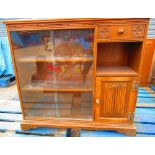 Old Charm oak side cabinet with two glazed doors, linen fold panel door and Gothic drawer on