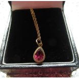 9ct gold and amethyst teardrop pendant on 9ct gold rope chain necklace, gross 1.5g