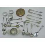 Collection of assorted cutlery, three napkin rings, compact etc