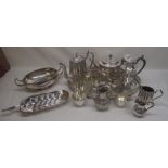 Assortment of silver plate coffee pots, tea pots, cream jugs, two handled bowl, serving tray, etc
