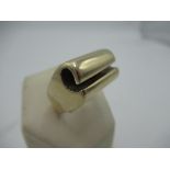 Hallmarked 9ct gold Gents dress ring with scrolled front, by DL, 9.375, London 1974, size Q, 14.7g