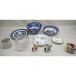 George Jones and Sons blue and white bowl, Minton pin tray, two Staffordshire style dogs, etc