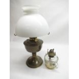 Aladdin brass bodied paraffin lamp with opaline glass shade, handheld paraffin lamp with clear glass