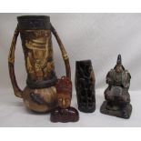 Oriental style two-handled jug, carved African figure, pottery figure of a sitting Samurai and