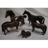 Beswick chestnut brown horse figure group, of Shire horse, Dartmoor pony, mare and foal, Royal