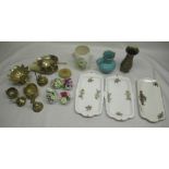 Four ceramic posy flowers and pots, collection of brass ware, three serving dishes etc