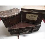 Vintage brown leather suitcase and three metal deed boxes (4)