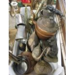 Copper and brass chestnut roaster, brass skillets, copper and brass measures, Indo-Persian brass