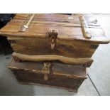 Hand made stained pine storage chest, W62cm, H31cm, D37cm, similar oak chest, W64cm, H30cm, D34cm (