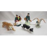 Royal Doulton "The Old Balloon Seller" and "The Orange Lady" figurines, Beswick leopard and duck,