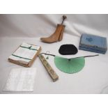 Shoe last, black purse, collection of Irish linen napkins, green fan, etc