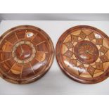 Two hand crafted yew wood wall clocks, inlaid with specimen woods, D38cm