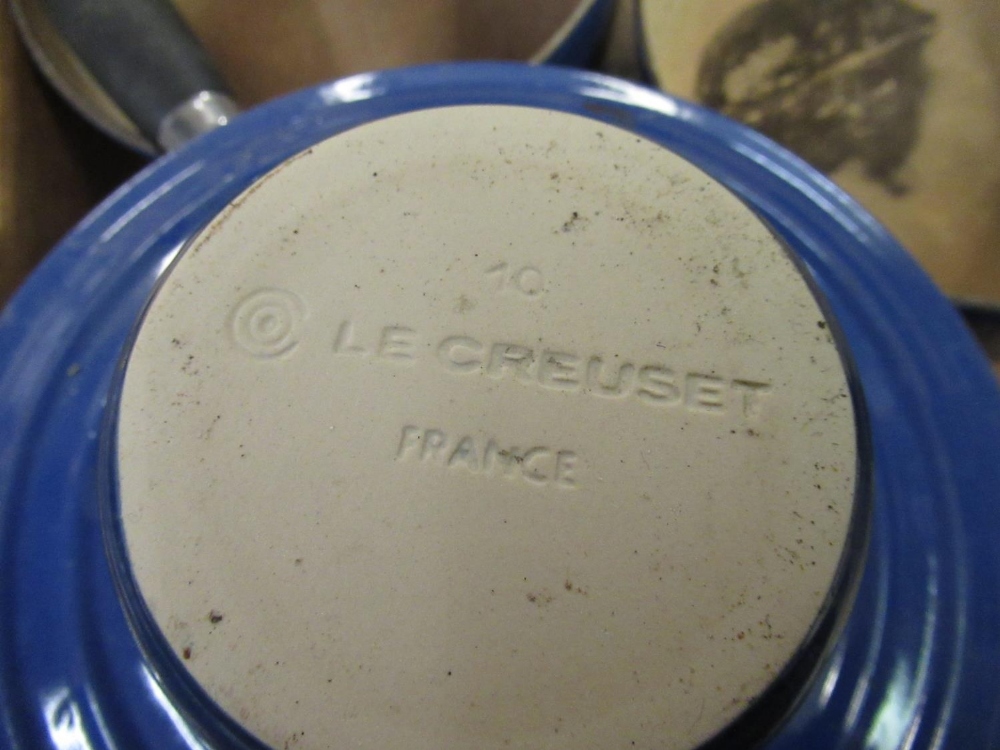 Le Creuset blue enamelled cast iron sauce pan, two other sauce pans lacking lids, two ramekin - Image 2 of 2