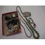 1930's moss green graduated bead necklace, simulated pearl necklaces and other costume jewellery